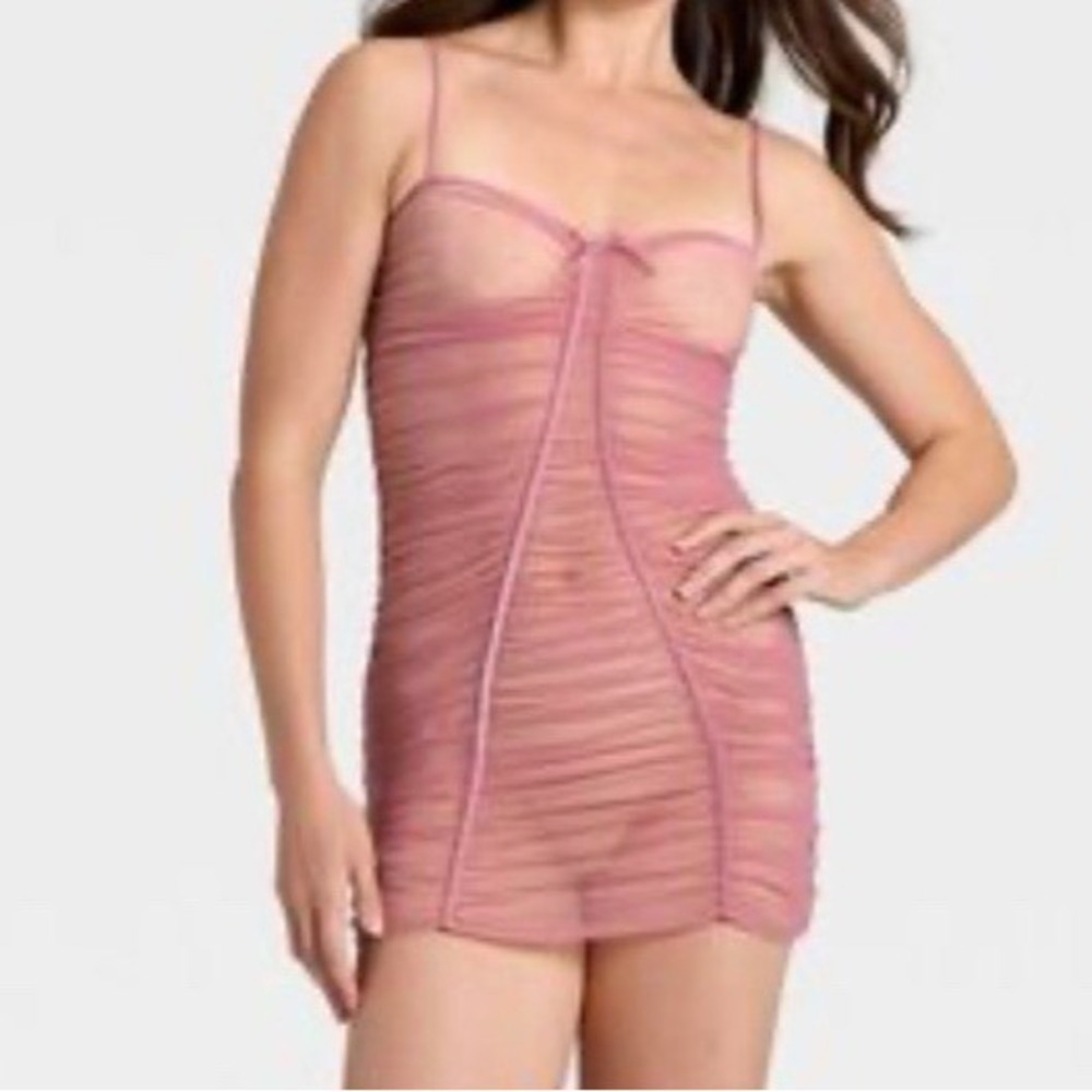 Auden‎ Pink Ruched Mesh Lingerie Slip Dress Lingerie Babydoll Chemise XS